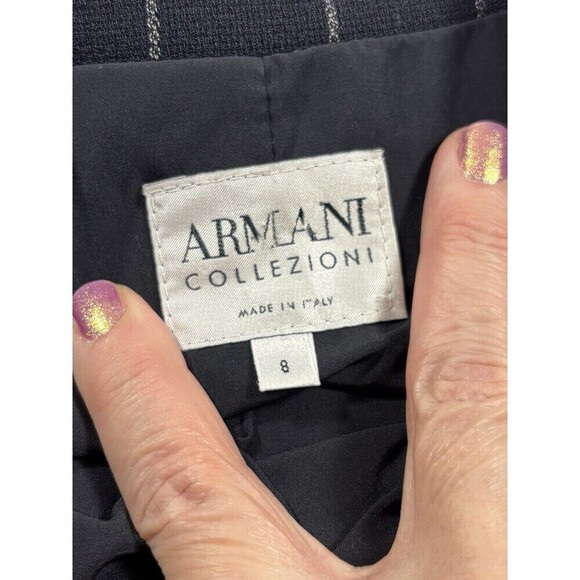 Armani Collezioni Blazer Navy Blue Pinstripe Chalk Stripe 8 Asymmetrical Pocket - Picture 3 of 12